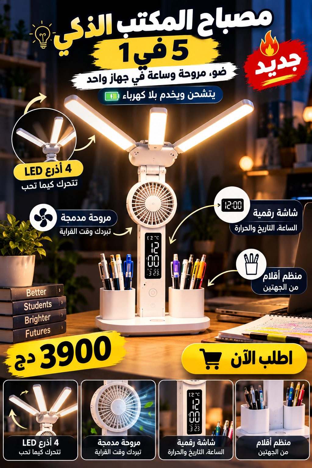 باك الطالب 3 في 1 🎓 مصباح ذكي + حامل الحاسوب + حامل التيليفون